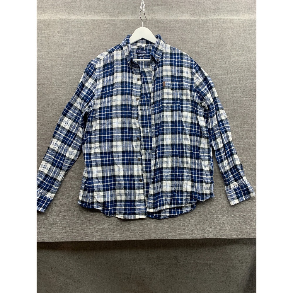 Chaps Performance Flannel Shirt Mens XL Blue White Plaid Long Sleeve Button Down